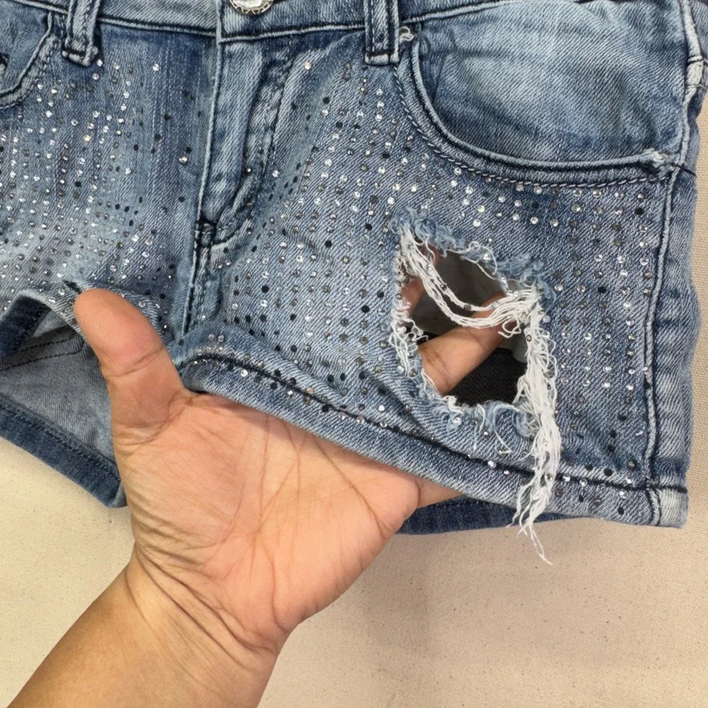 Machine Jeans Denim‎ Shorts Size 26 Blue Rhinestone Distressed Y2K McBling